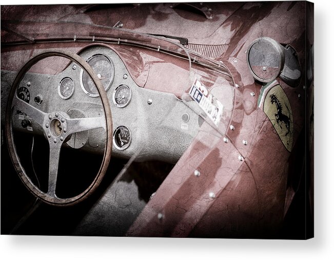 1962 Ferrari 196 Sp Dino Fantuzzi Spyder Steering Wheel Emblem Acrylic Print featuring the photograph 1962 Ferrari 196 SP Dino Fantuzzi Spyder Steering Wheel Emblem -1529ac by Jill Reger