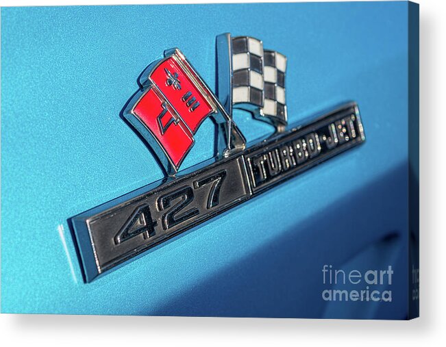 Chevy Acrylic Print featuring the photograph 1965 Blue Corvette 427 Turbo Jet Emblem by Aloha Art