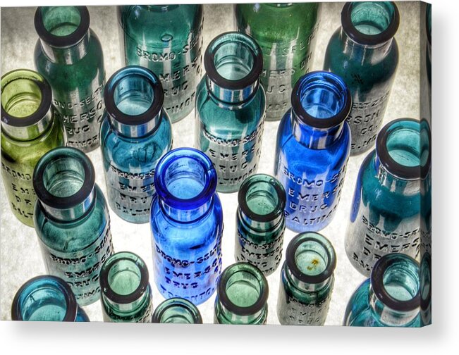 Bromo Seltzer Vintage Glass Bottles Acrylic Print featuring the photograph Bromo Seltzer Vintage Glass Bottles Collection - Rare Greens #2 by Marianna Mills