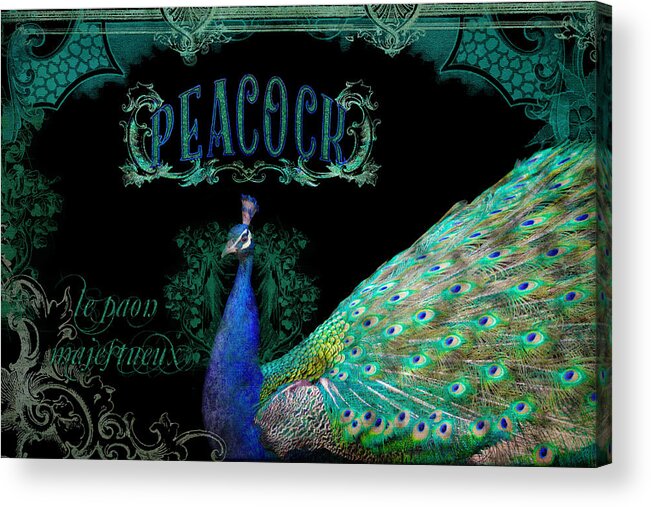 Regal Acrylic Print featuring the mixed media Elegant Peacock w Vintage Scrolls #1 by Audrey Jeanne Roberts