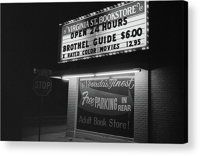 Film Noir Farewell My Lovely 1975 Brothel Guide Virginia St. Bookstore Reno Nevada 1979 Acrylic Print featuring the photograph Film Noir Farewell My Lovely 1975 Brothel Guide Virginia St. Bookstore Reno Nevada 1979-2008 #4 by David Lee Guss