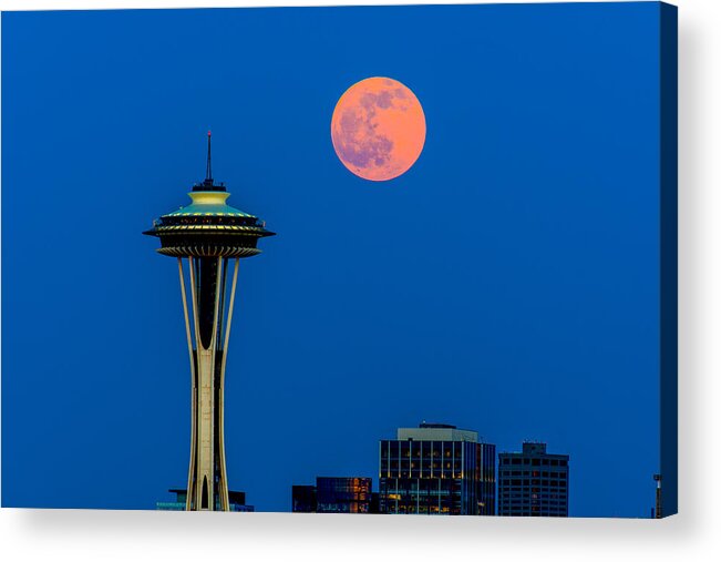 Full Moon Acrylic Print featuring the photograph Full moon with Space Needle #2 by Hisao Mogi