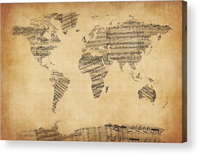 World Map Acrylic Print featuring the digital art Map of the World Map from Old Sheet Music by Michael Tompsett