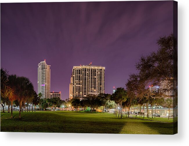 Florida Acrylic Print featuring the photograph St Petersburg Florida City Skyline And Waterfront At Night #2 by Alex Grichenko