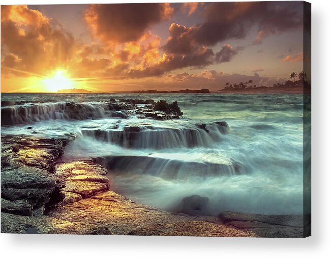 Oahu Hawaii Sunset Seascape Shoreline Clouds Ocean Acrylic Print featuring the photograph The Golden Hour #2 by James Roemmling