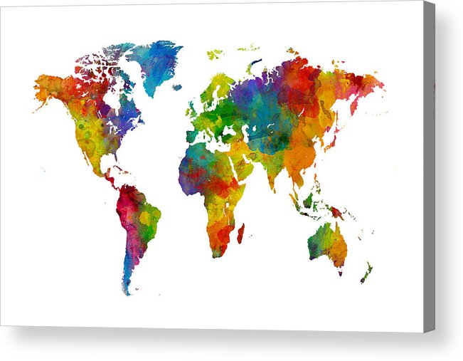 World Map Acrylic Print featuring the digital art Map of the World Map Watercolor by Michael Tompsett