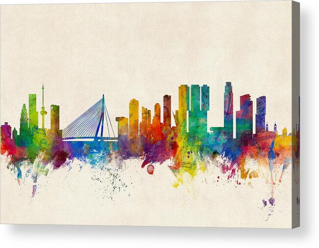 Rotterdam Acrylic Print featuring the digital art Rotterdam The Netherlands Skyline #3 by Michael Tompsett