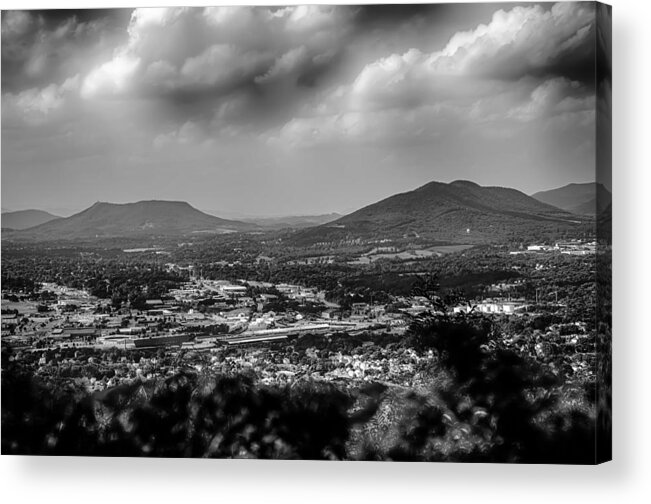 B&w Acrylic Print featuring the photograph Roanoke City as seen from Mill Mountain Star at dusk in Virginia #4 by Alex Grichenko