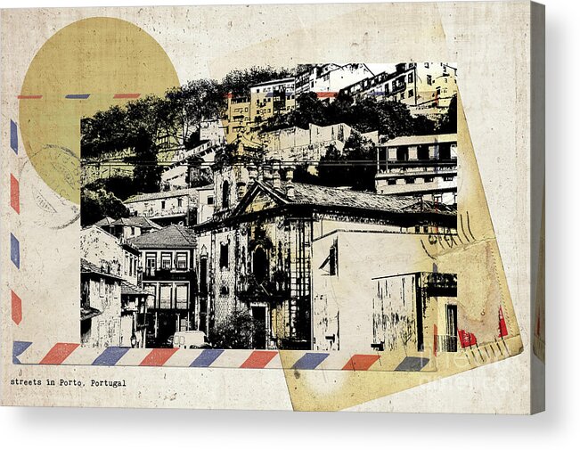 Porto Acrylic Print featuring the digital art stylish retro postcard of Porto by Ariadna De Raadt