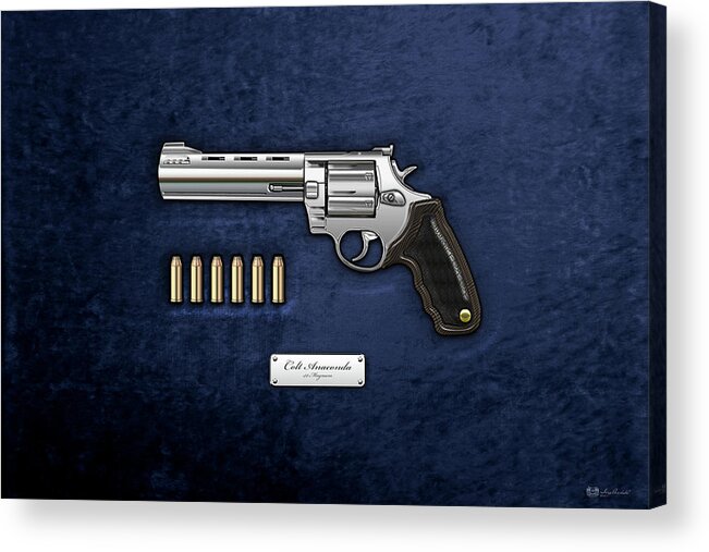 'the Armory' Collection By Serge Averbukh Acrylic Print featuring the digital art .44 Magnum Colt Anaconda with Ammo on Blue Velvet #44 by Serge Averbukh