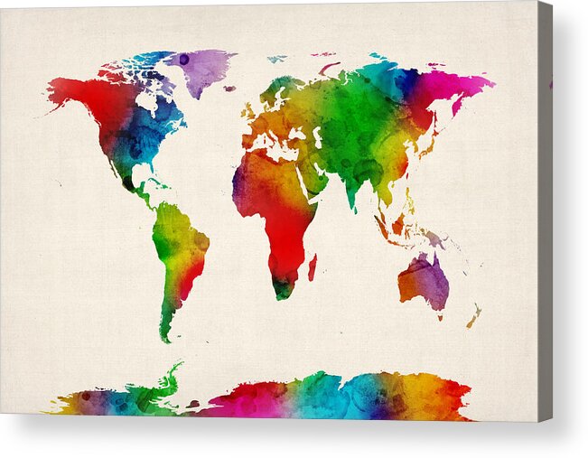 World Map Acrylic Print featuring the digital art Watercolor Map of the World Map #8 by Michael Tompsett