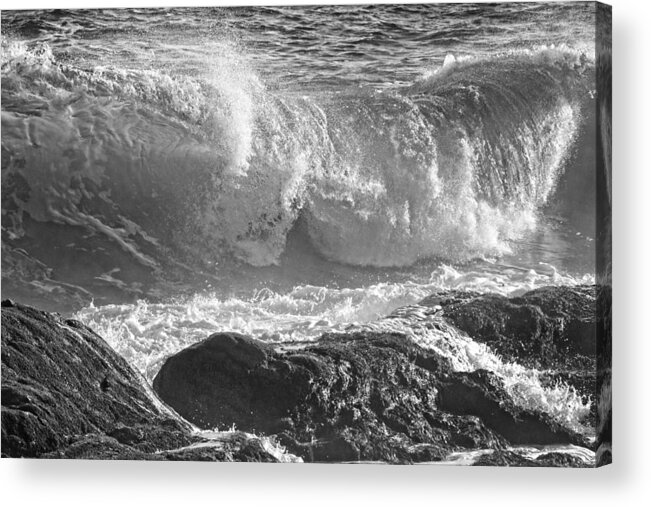 Maine Acrylic Print featuring the photograph Black and White Large Waves Near Pemaquid Point On The Coast Of #9 by Keith Webber Jr