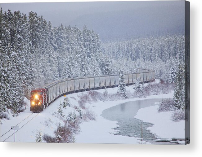 Canada Acrylic Print featuring the photograph A Canadian Pacific Train Travels Along by Chris Bolin