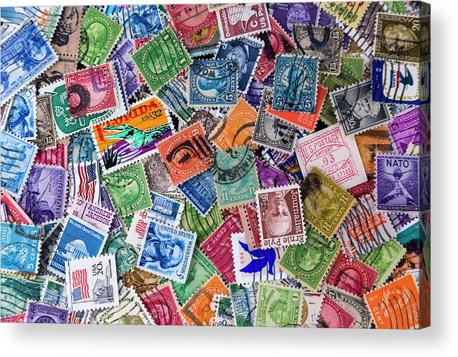 Stamp Collecting Acrylic Print featuring the photograph A Collection of used US Postage Stamps off paper by Jack R Perry