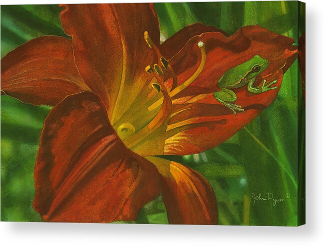 Frog Acrylic Print featuring the painting A frog on a lily by John Dyess