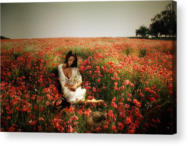 Portrait. Poppies Acrylic Print featuring the photograph A girl reading amongst he Poppies by Mark Egerton