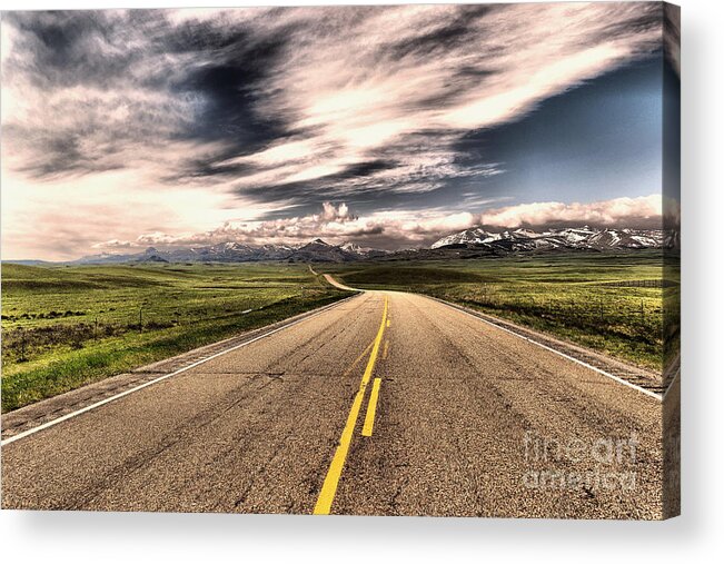Road Acrylic Print featuring the photograph A long road to the mountains by Jeff Swan