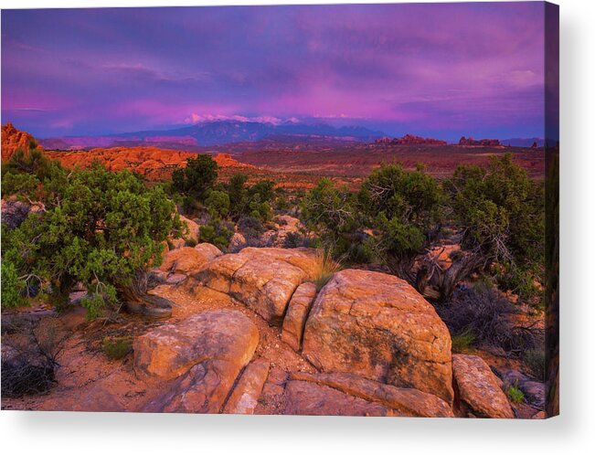 Arches National Park Acrylic Print featuring the photograph A Sunset Over Arches by John De Bord