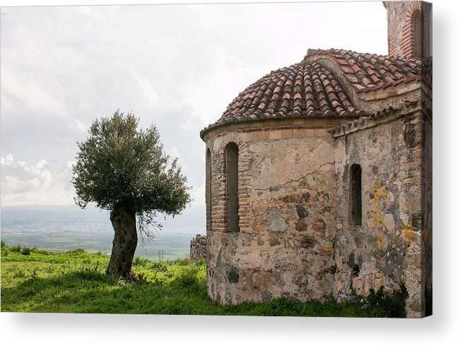 Ancient Chapel Acrylic Print featuring the photograph Abandoned old orthodox Christian church and olive tree by Michalakis Ppalis