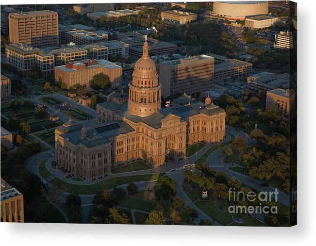 Helicopter Acrylic Print featuring the photograph Aerial view of the Texas State Capitol facing North by Dan Herron