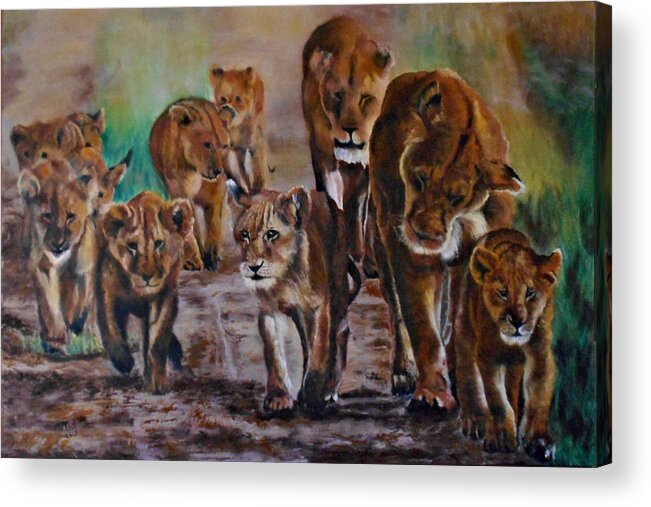 Lions Acrylic Print featuring the painting Afternoon Stroll by Maris Sherwood