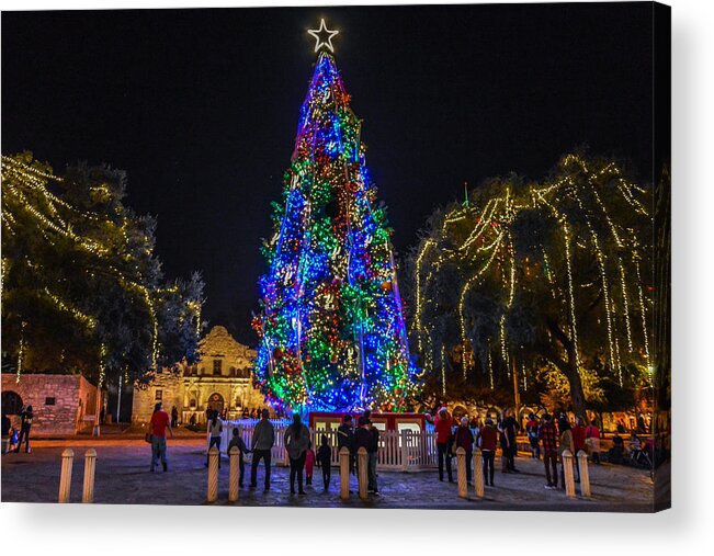 Tx Acrylic Print featuring the pyrography Alamo Holiday Tree by David Meznarich