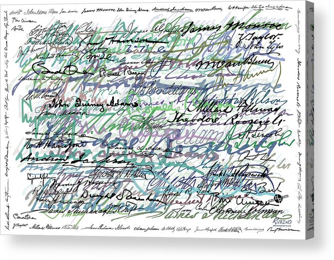 Abstract Acrylic Print featuring the painting All The Presidents Signatures Teal Blue by Tony Rubino