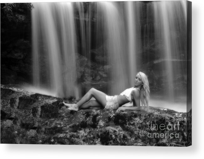 Waterfall Acrylic Print featuring the photograph Ally laying down in front of waterfall by Dan Friend