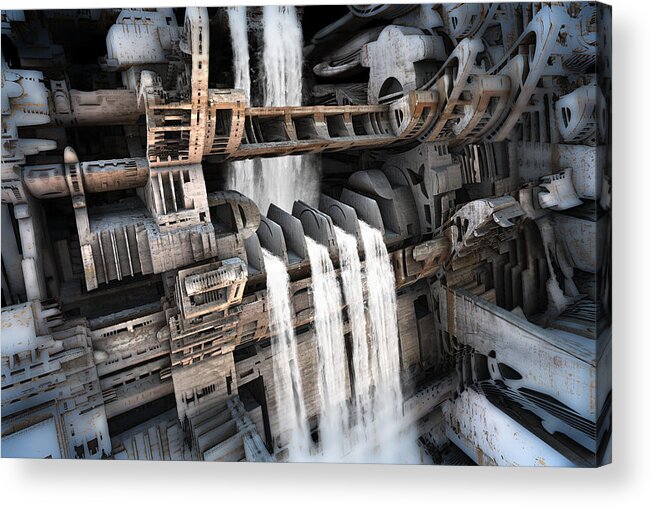 Sciencefiction Scifi Grunge Dystopian Architecture Building Fractal Fractalart Mandelbulb3d Mandelbulb Waterfall Water Acrylic Print featuring the digital art Another Bloody Dam by Hal Tenny