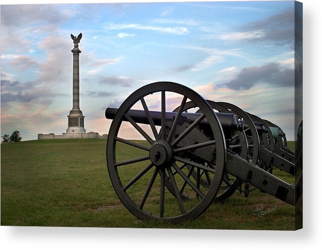 Cannon Acrylic Print featuring the photograph Antietam Cannon and Monument at Sunset by Judi Quelland