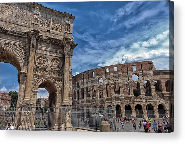 Ancient Acrylic Print featuring the photograph Arch of Constantine and Roman Colosseum by Travis Rogers