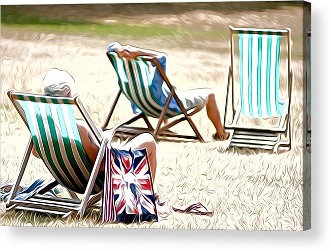 At St James Park London England English British View Scenic Deck Chairs Deck Chairs Acrylic Print featuring the photograph At St James Park by Andrew Michael