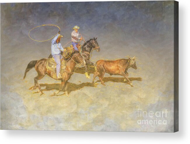 At The Rodeo Team Calf Roping Acrylic Print featuring the digital art At the Rodeo Team Calf Roping by Randy Steele