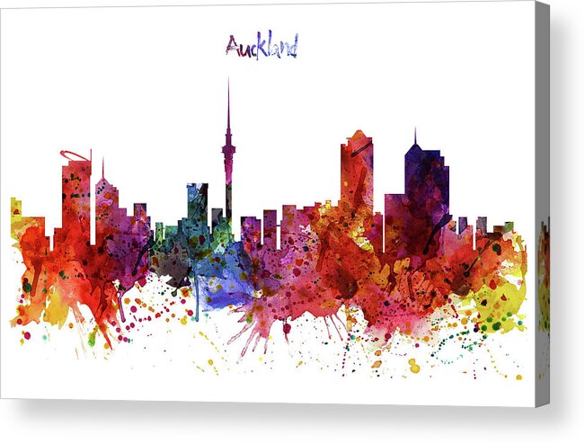 Marian Voicu Acrylic Print featuring the painting Auckland Watercolor Skyline by Marian Voicu