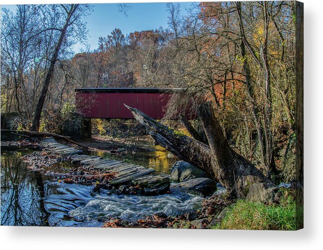 Autumn Acrylic Print featuring the photograph Autumn Along the Wissaickon Creek at Thomas Covered Bridge by Bill Cannon