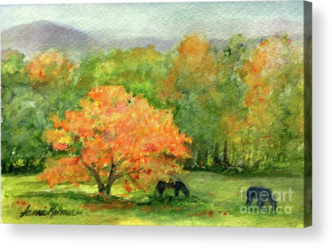 Watercolor Acrylic Print featuring the painting Autumn Maple with Horses Grazing by Laurie Rohner