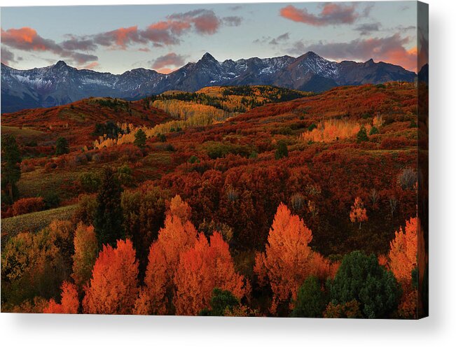 Dallas Acrylic Print featuring the photograph Autumn sunrise at Dallas Divide in Colorado by Jetson Nguyen