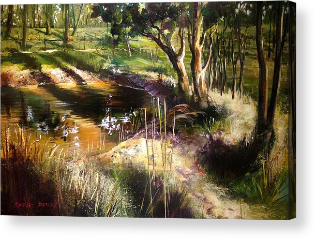 Landscape Acrylic Print featuring the painting Backyard Dam at Mulgoa by Shirley Peters