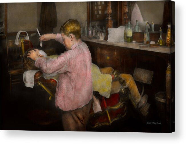 Child Labor Acrylic Print featuring the photograph Barber - Shaving - Faith in a child - 1917 by Mike Savad