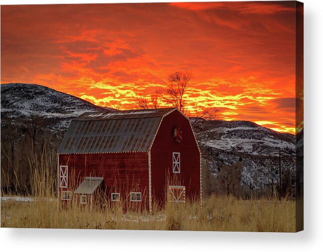 Red Barn Acrylic Print featuring the photograph Barn Burner Sunset. by Wasatch Light