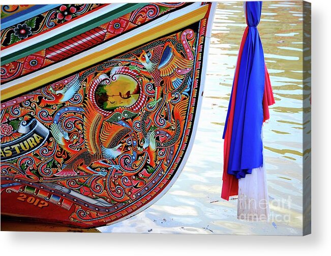 Boat Acrylic Print featuring the photograph Beautiful painted Asian dragon and floral art on hull of Thai fishing boat Pattani Thailand by Imran Ahmed