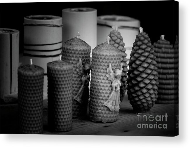 Candles Acrylic Print featuring the photograph Beeswax Candles with Angels and Pinecones by Colin Cuthbert