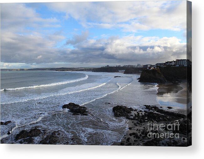 Newquay Cornwall England Coastal Weather Storms Rain Rainfall Sunshine Sun Glistening Bright Ocean Sea Waves Watery Wet Stormy Winter New Year Clouds Acrylic Print featuring the photograph Between Cornish Storms 2 by Nicholas Burningham