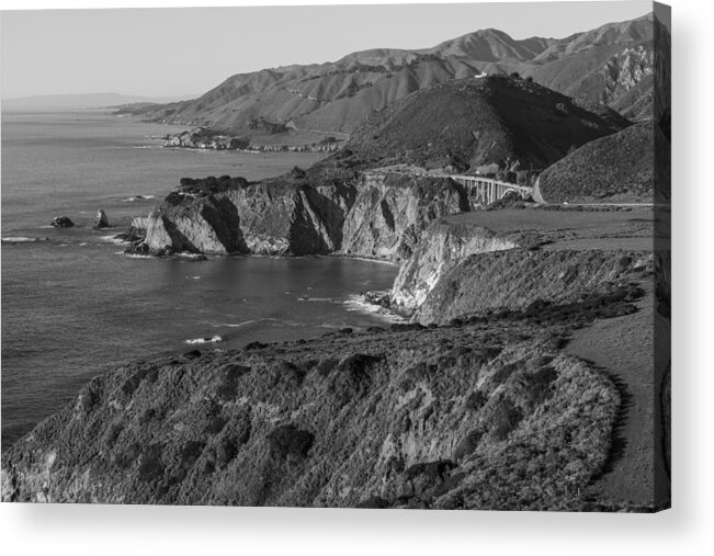 Highway 1 Acrylic Print featuring the photograph Bixbie Bridge Black and White with Coastline by John McGraw