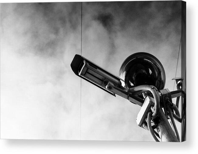 Cctv Security Acrylic Print featuring the photograph Black and White Art Photograph of CCTV Camera by John Williams