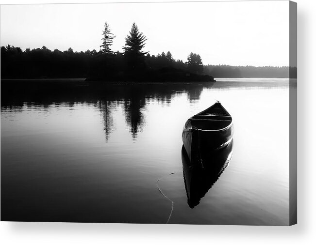 Canoe Acrylic Print featuring the photograph Black And White Canoe In Still Water by Karl Anderson