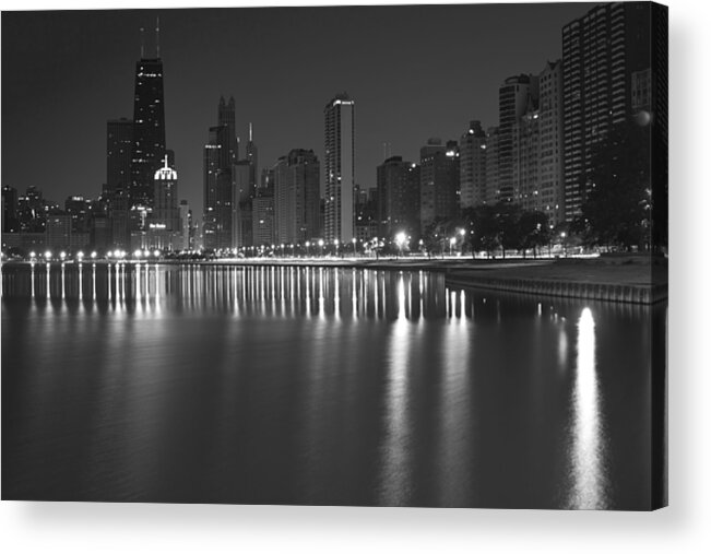 Chicago Acrylic Print featuring the photograph Black and White Chicago skyline at night by Sven Brogren