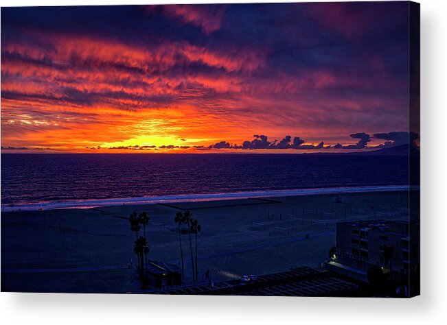 Sunset Santa Monica Bay Panorama Acrylic Print featuring the photograph Blazing Sky - Panorama by Gene Parks
