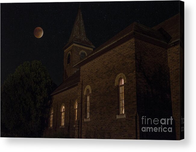 Abandoned Church; Bomarton; Texas; Astrophotography; Blood Moon; Supermoon; Lunar Eclipse; Spirituality; Christian; Christianity; Church; Cross; Christ; Built Structure; City; Architecture; Outdoors; Landmark; Historical Landmark; Tranquil Scene; Past; History; Travel Destinations; Old Ruin; Usa; Ancient; Stone; Night; Color Image; Abandoned; Old Building; Ruins; Ruin; Night Photography; Light Painting; Painting With Light; Storm Clouds; Night Sky; Texas Landscapes Acrylic Print featuring the photograph Blood Moon over St. Johns Church by Keith Kapple