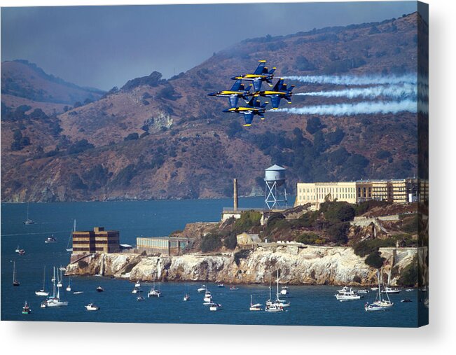 Blue Angels Over Alcatraz Acrylic Print featuring the photograph Blue Angels Over Alcatraz by Bonnie Follett